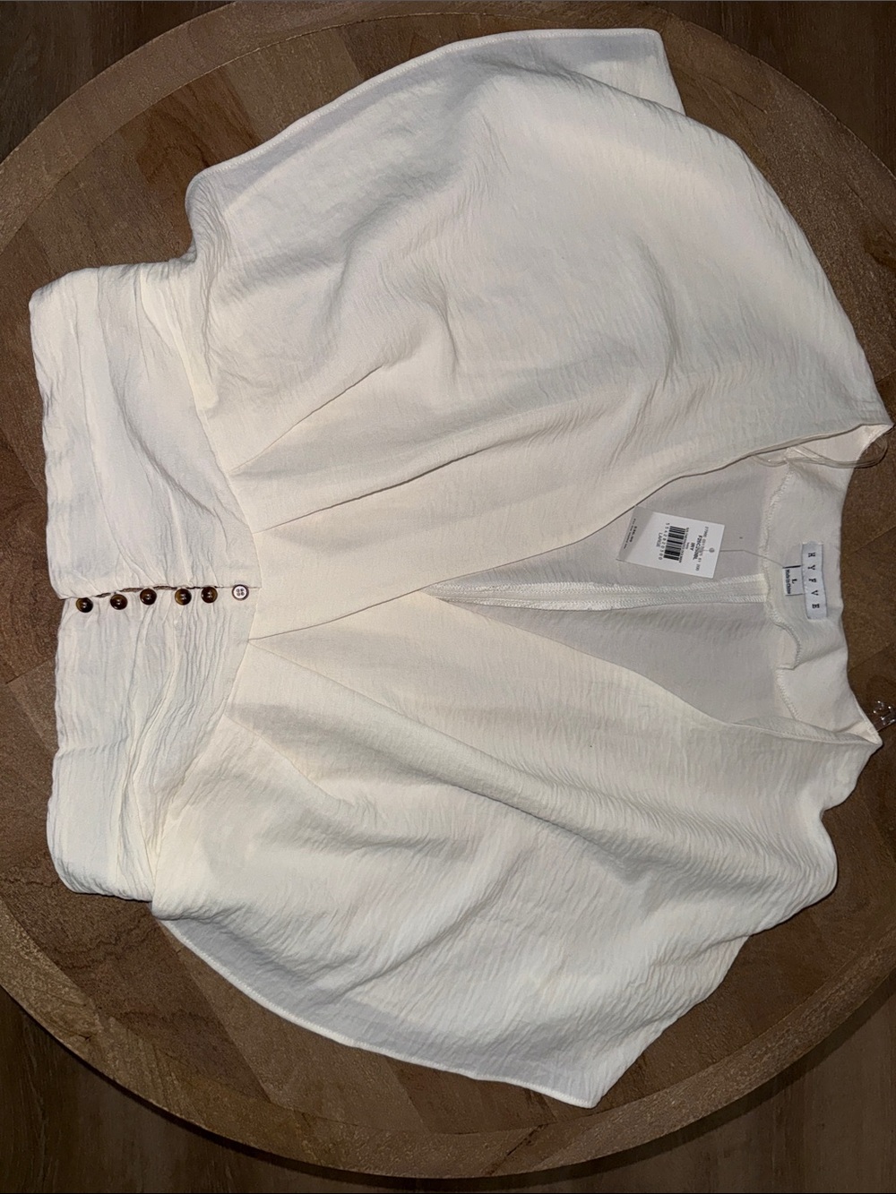 HYFVE Cream Textured V-Neck Blouse with Button Waist Detail